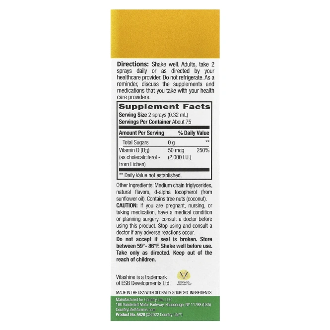 Country Life, Спрей с витамином D3 для веганов, со вкусом ванильных бобов, 2000 МЕ (50 мкг), 150 распылений для ротовой полости, 0,81 ж. унц. (24 мл)
