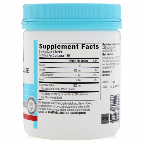 Swisse, Глюкозамин сульфат, 1500 мг, 180 таблеток