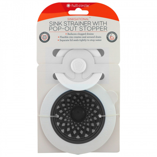 Full Circle, Sinksational, Sink Strainer with Pop-Out Stopper, Gray & White