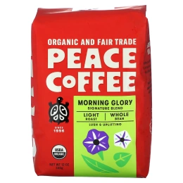 Peace Coffee, Organic Morning Glory, цельные бобы, легкая обжарка, 340 г (12 унций)