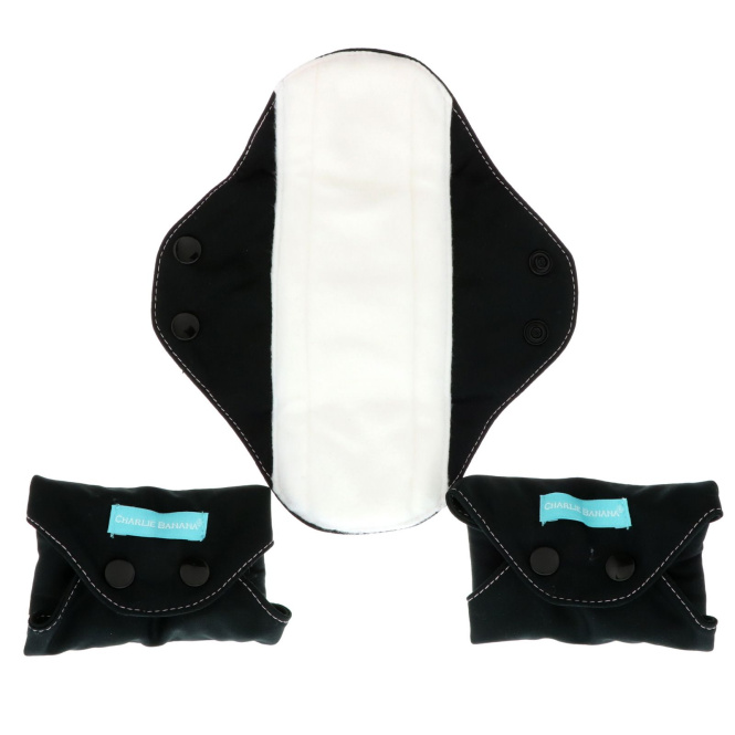 Charlie Banana, Regular Feminine Pads, Black, 3 Pads + 1 Tote Bag