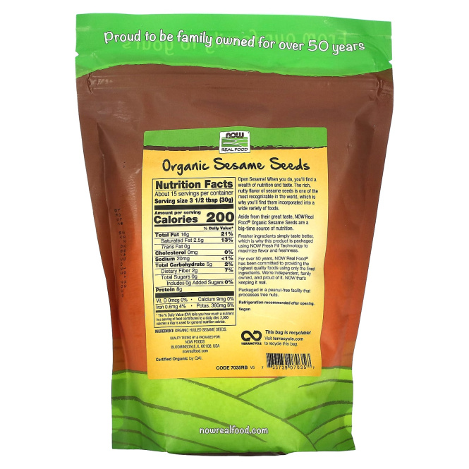 NOW Foods, Real Food, органические сырые семена кунжута, 454 г (16 унций)