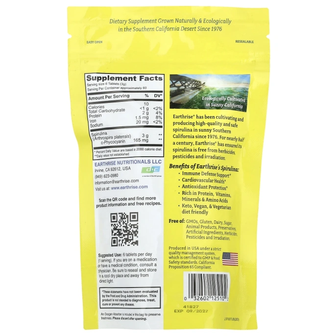Earthrise, 100% спирулина, выращенная в Калифорнии, 500 мг, 360 таблеток