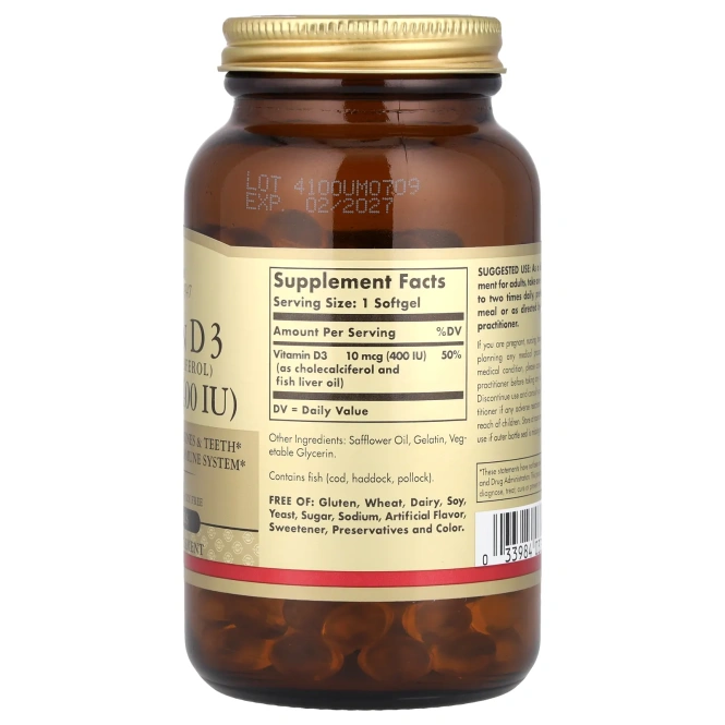 Solgar, Витамин D3, 400 МЕ, 250 жидких гелевых капсул