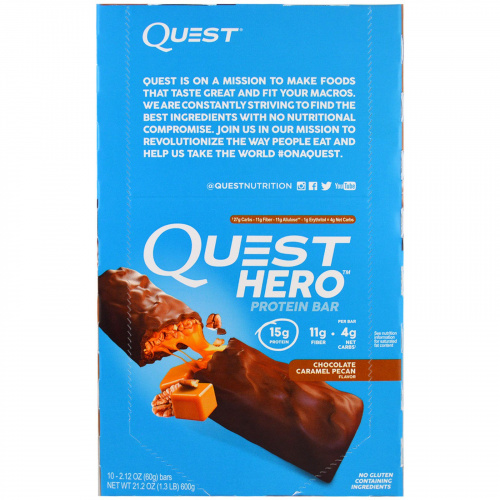 Quest Nutrition, Hero Протеиновый батончик, Шоколад, карамель, пекан, 10 батончиков, 2,12 унции (60 г) каждый