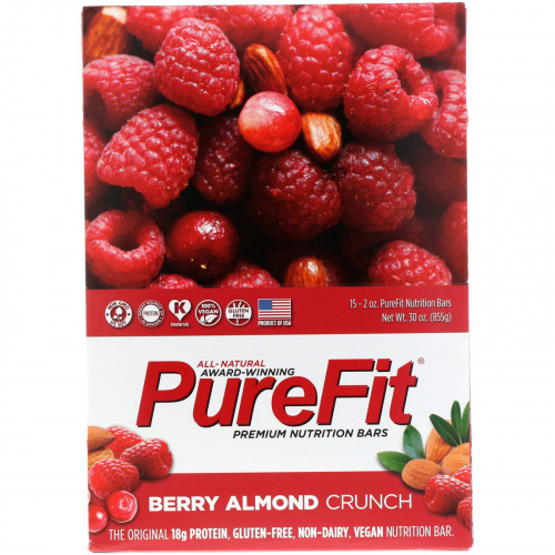 Purefit, Premium Nutrition Bars, Хрустящий Миндаль с Ягодами, 15 штук по 2 унции (57 г) каждая
