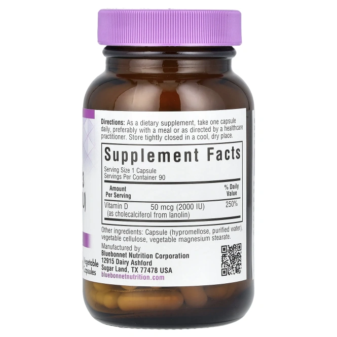 Bluebonnet Nutrition, Витамин D3, 50 мкг, 2000 МЕ, 90 растительных капсул
