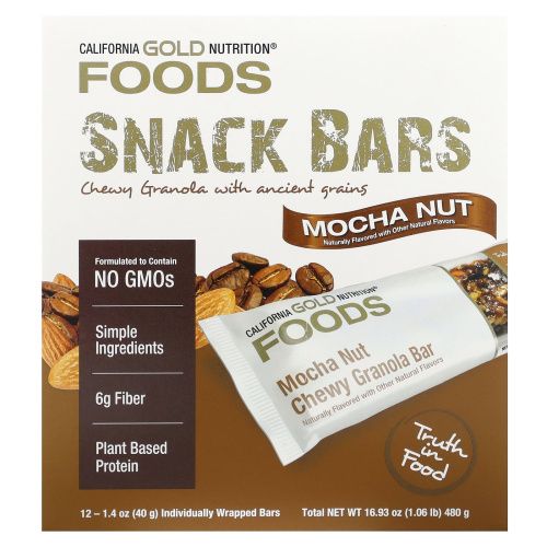 California Gold Nutrition, Foods, жевательные батончики-мюсли с кофе мокко и орехами, 12 батончиков весом 1,4 унции (40 г) каждый
