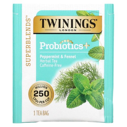 Twinings, Probiotics, травяной чай, перечная мята и фенхель, без кофеина, 18 чайных пакетиков, 36 г (1,27 унции)