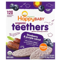 Happy Family Organics, Органические прорезыватели, вафли для мягкого прорезывания зубов, черника и фиолетовая морковь, 12 пачек, 0,14 унц. (4 g) каждая