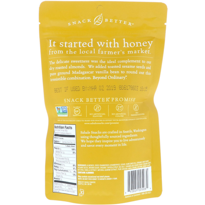 Sahale Snacks, Глазированная смесь, миндаль в меде, 113 г (4 унции)