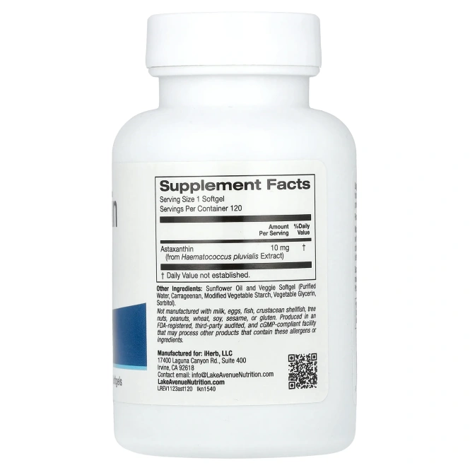 Lake Avenue Nutrition, астаксантин, 10 мг, 120 вегетарианских капсул