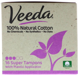 Veeda, 100% Natural Cotton Tampon with Plastic Applicator, Super, 16 Tampons