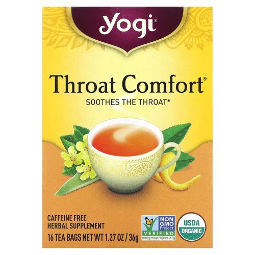 Yogi Tea, Органический, Throat Comfort без кофеина, 16 чайных пакетиков, 1.27 унций (36 г)