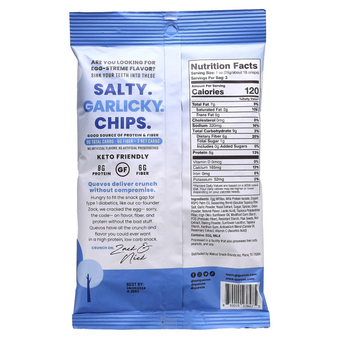 Quevos, протеиновые чипсы из питы, оригинальные приправы, 6 пакетиков Family Pack по 90 г (3,2 г)
