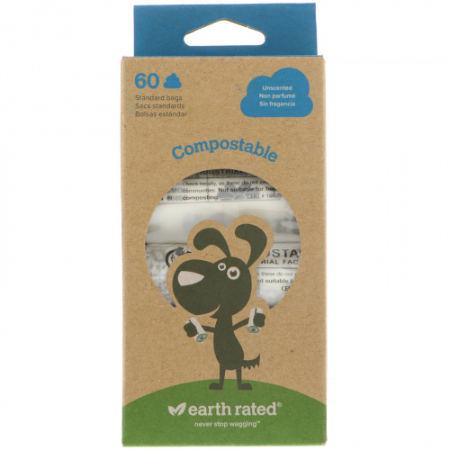 Earth Rated, Биоразлагаемые пакеты для собачьих экскрементов, без запаха, 60 пакетов, 4 запасных рулона