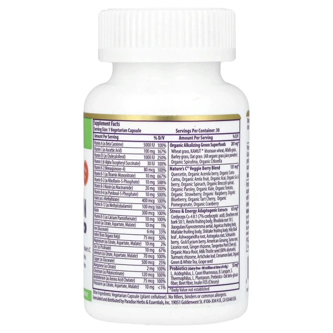 Paradise Herbs, Энергия ORAC, Earth's Blend, ежедневный сверхпитательный мультивитамин, с железом, 30 капсул на растительной основе