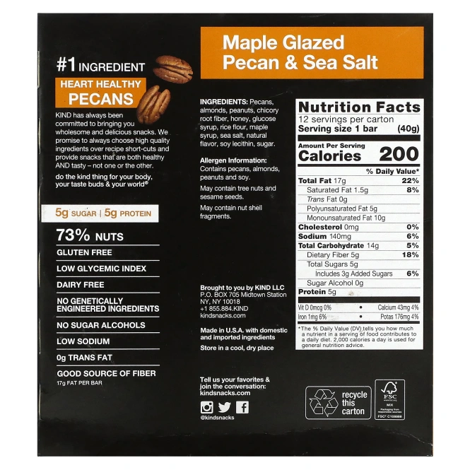 KIND Bars, Nuts & Spices, пекан с кленовой глазурью и морская соль, 12 батончиков по 40 г (1,4 унции)