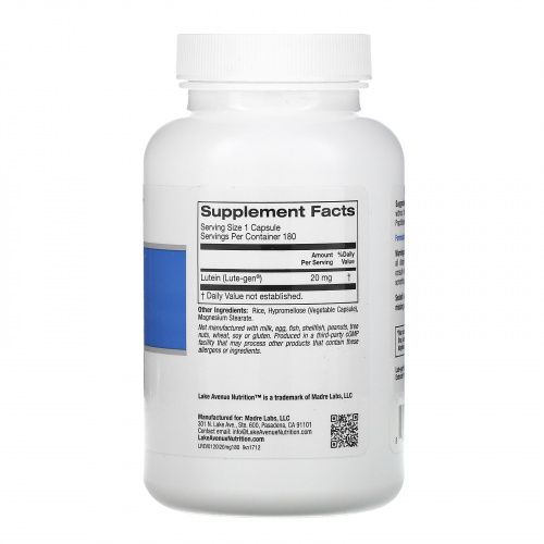 Lake Avenue Nutrition, лютеин, 20 мг, 180 растительных капсул