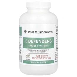 Real Mushrooms, 5 Defenders®, порошок с экстрактом грибов, 200 капсул