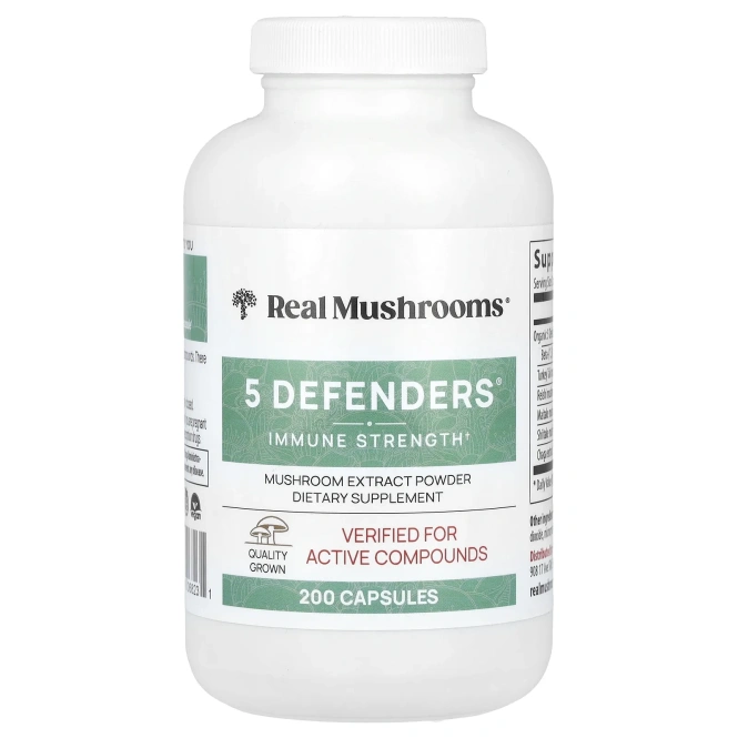 Real Mushrooms, 5 Defenders®, порошок с экстрактом грибов, 200 капсул