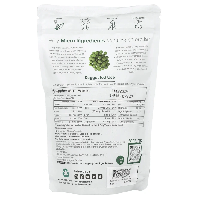 Micro Ingredients, Органическая спирулина и хлорелла, 720 таблеток