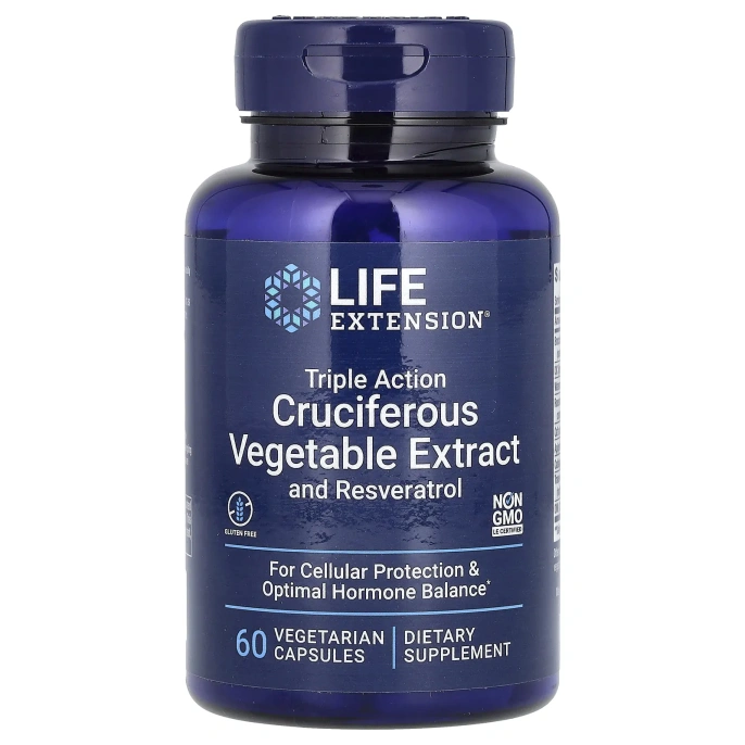 Life Extension, Экстракт крестоцветных овощей тройного действия с ресвератролом, 60 вегетарианских капсул