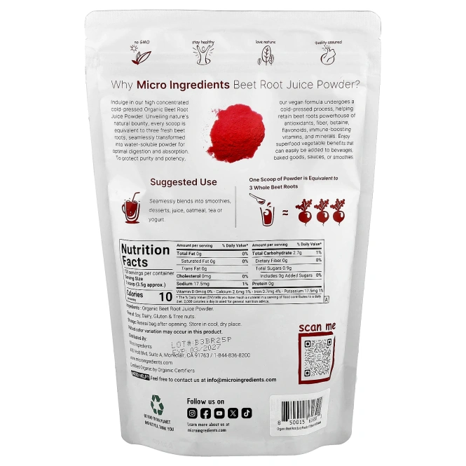 Micro Ingredients, Порошок из органического свекольного сока, 454 г (1 фунт)