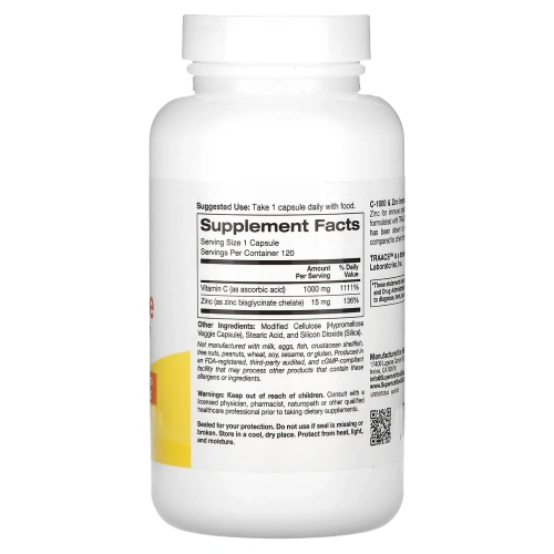 Super Nutrition, C-1000 и цинк для иммунитета, 120 вегетарианских капсул