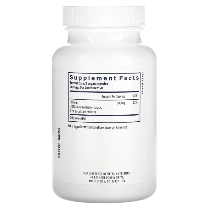 Vital Nutrients, Кальций (цитрат / малат), 100 веганских капсул