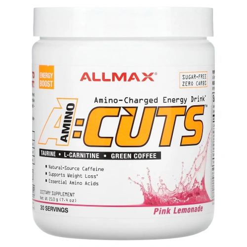 ALLMAX Nutrition, AMINOCUTS (ACUTS), аминокислоты с разветвлённой цепью + таурин + конъюгированная линолевая кислота + сырые зерна кофе, розовый лимонад, 7,4 унции (210 г)