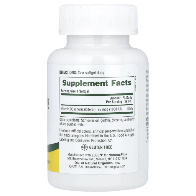 Nature's Plus, Витамин D3, 1000 МЕ, 180 гелевых капсул