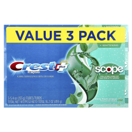 Crest, Complete Plus ™, Scope® + Whitening, зубная паста с фтором, мятная свежесть в полоску, 3 пакетика по 153 г (5,4 унции)
