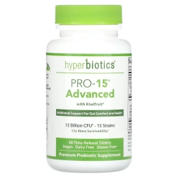 Hyperbiotics, PRO-15, сила в сочетании с плодами киви, 60 запатентованных таблеток с эффектом медленного высвобождения