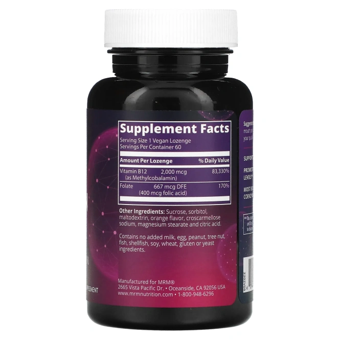 MRM, B-12, метилкобаламин, 2 000 мкг, 60 веганских леденцов