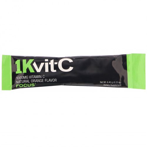1Kvit-C, Витамин C, повышение концентрации, шипучая смесь для приготовления напитка, натуральный апельсиновый вкус, 1000 мг, 30 пакетиков по 6,4 г (0,23 унции)