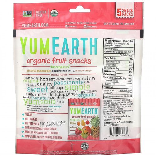 YumEarth, Органические фруктовые снеки, тропические фрукты, 5 упаковок, 17,6 г в каждой