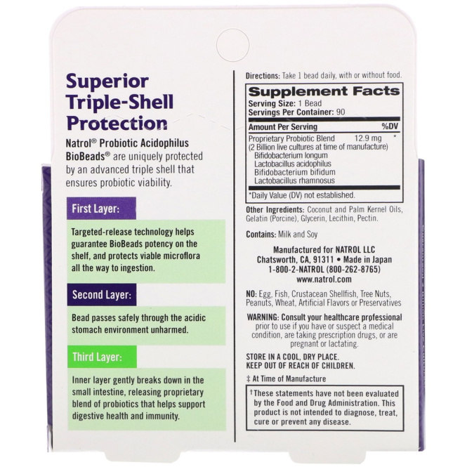 Natrol, Ацидофильный пробиотик в биогранулах, 90 гранул