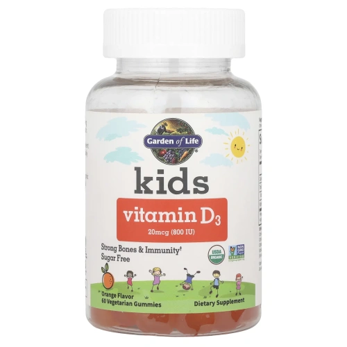 Garden of Life, Kids, витамин D3, апельсиновый вкус, 20 мкг (800 МЕ), 60 вегетарианских жевательных таблеток