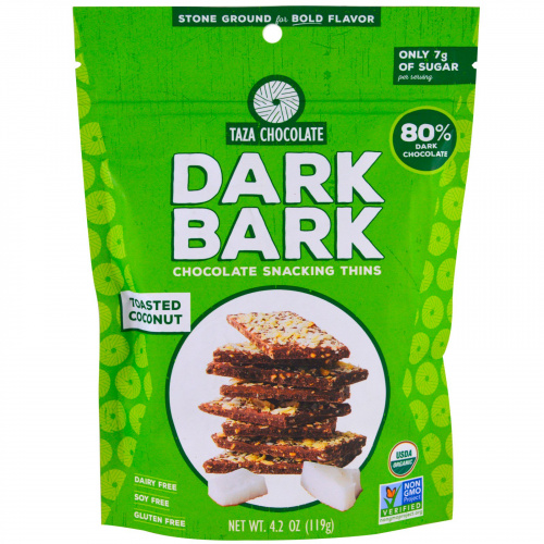 Taza Chocolate, Органические 80%-ные Dark Bark Chocolate Snacking Thins, жареный кокос, 119 г (4,2 унц.)