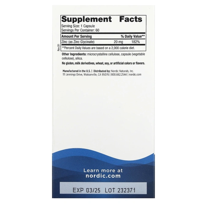 Nordic Naturals, глицинат цинка, 20 мг, 60 капсул