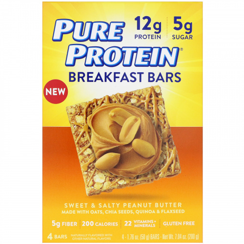 Pure Protein, Батончики для завтрака, Сладкое и соленое арахисовое масло, 4 батончика, 1,76 унц. (50 г) каждый