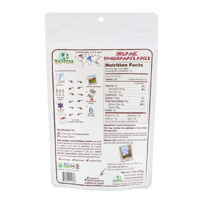 Natierra, Organic Freeze-Dried, Pomegranate Arils, 1.3 oz (37 g)