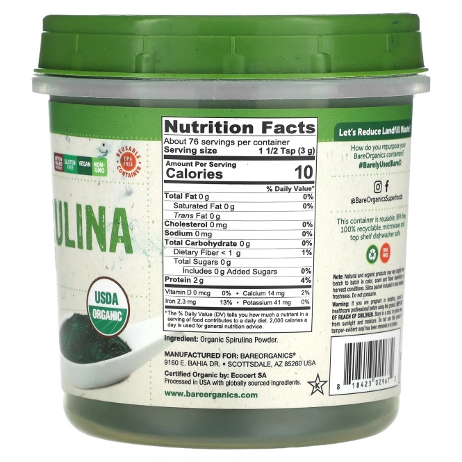 Bare Organics, Необработанный органический порошок Спирулины 8 унций