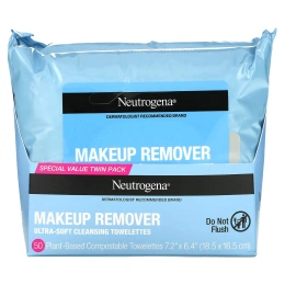 Neutrogena, ультрамягкие очищающие салфетки для снятия макияжа, 2 упаковки по 25 биоразлагаемых салфеток на растительной основе