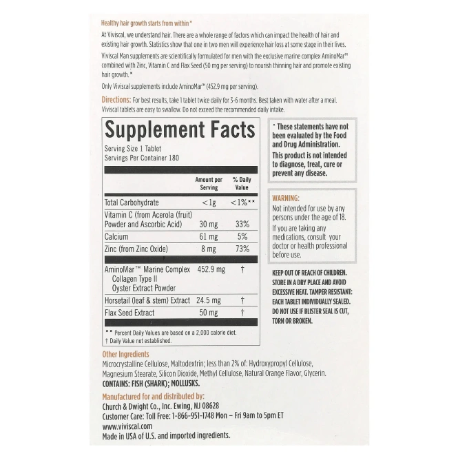 Viviscal, Для мужчин, улучшенное здоровье волос, 180 таблеток