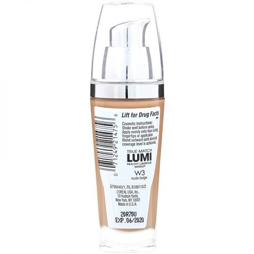 L'Oreal, Тональная основа True Match Healthy Luminous Makeup, SPF 20, оттенок W3 телесный бежевый, 30 мл