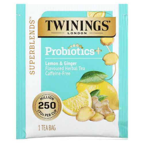 Twinings, Травяной чай со вкусом пробиотиков, лимон и имбирь, без кофеина, 18 чайных пакетиков, 0,95 унции (27 г)