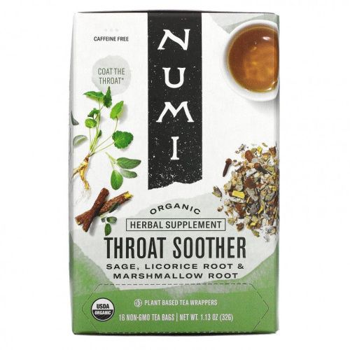 Numi Tea, Organic, успокаивающее средство для горла, без кофеина, 16 чайных пакетиков без ГМО, 32 г (1,13 унции)