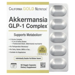 California Gold Nutrition, Akkermansia GLP-1 Complex, комплекс с аккермансией и ГПП-1 + пробиотики, 60 растительных капсул